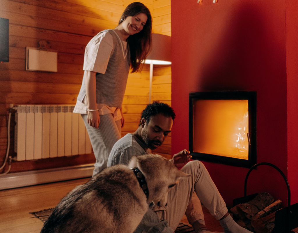 Pareja y su perro frente a una chimenea eléctrica en invierno